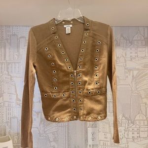 Cache Long Sleeve Sweater and Faux Suede Fabric Top - Tan Color Size S